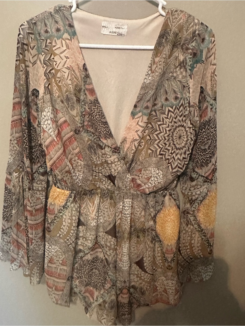 Audrey 3+1 Beige Multi-Print V-Neck Romper with Yellow Accents